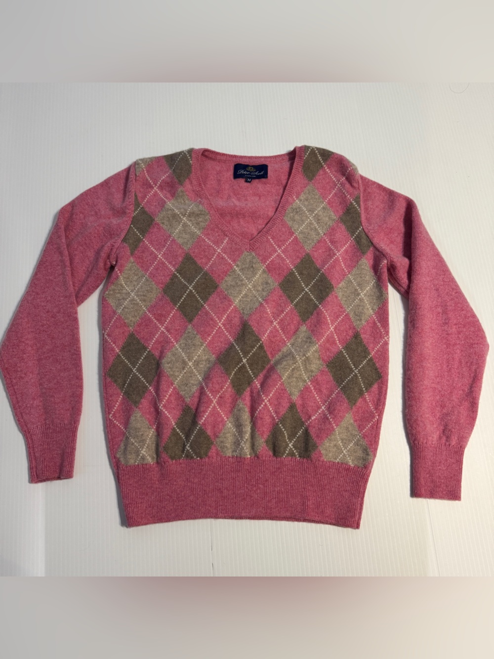 Peter Scott Scotland Pink Argyle V Neck Sweater Preppy Old Money Golfcore Small